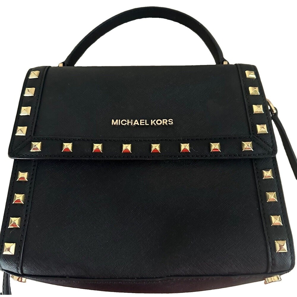 Michael Kors Black Satchel Studded Med Top Handle Cross Strap Saffiano 9x8.5x3.5